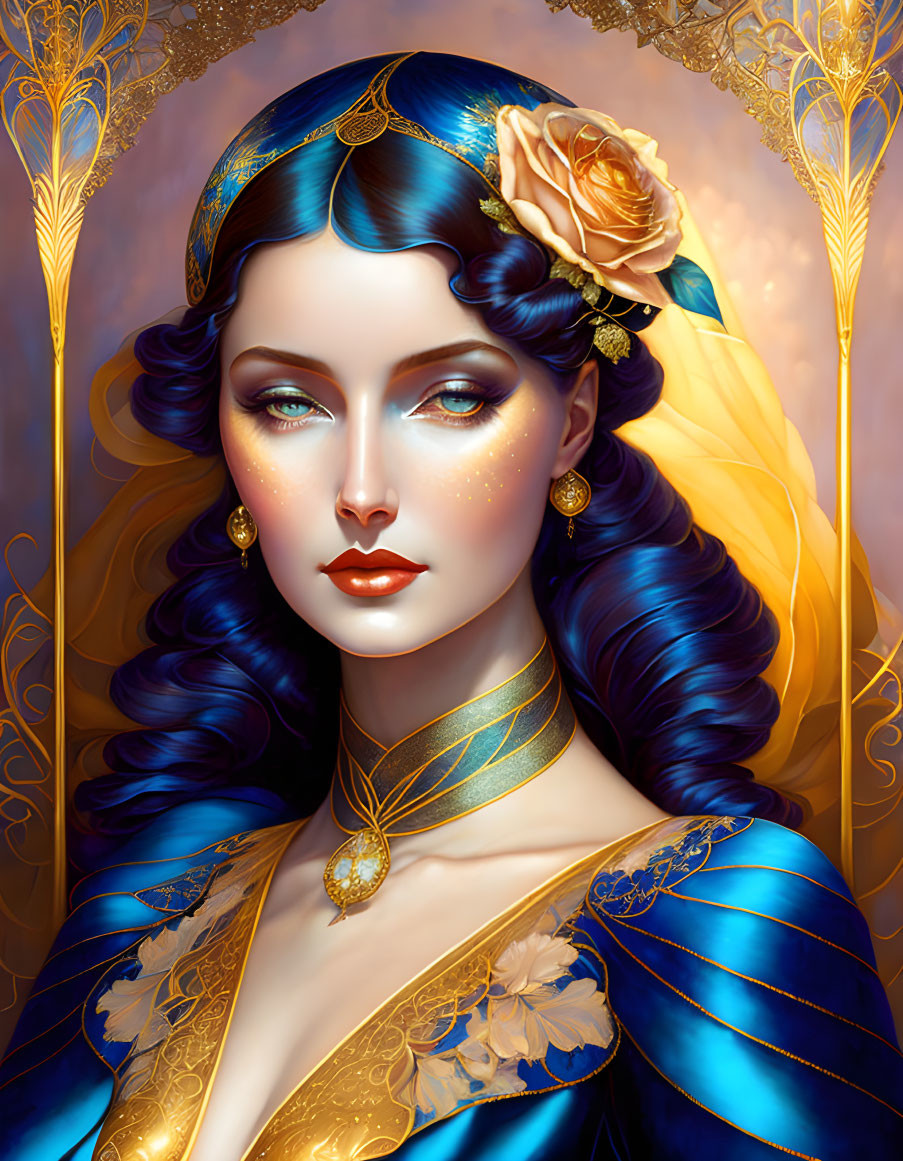 Fantasy digital art portrait of woman with blue hair and golden accessories