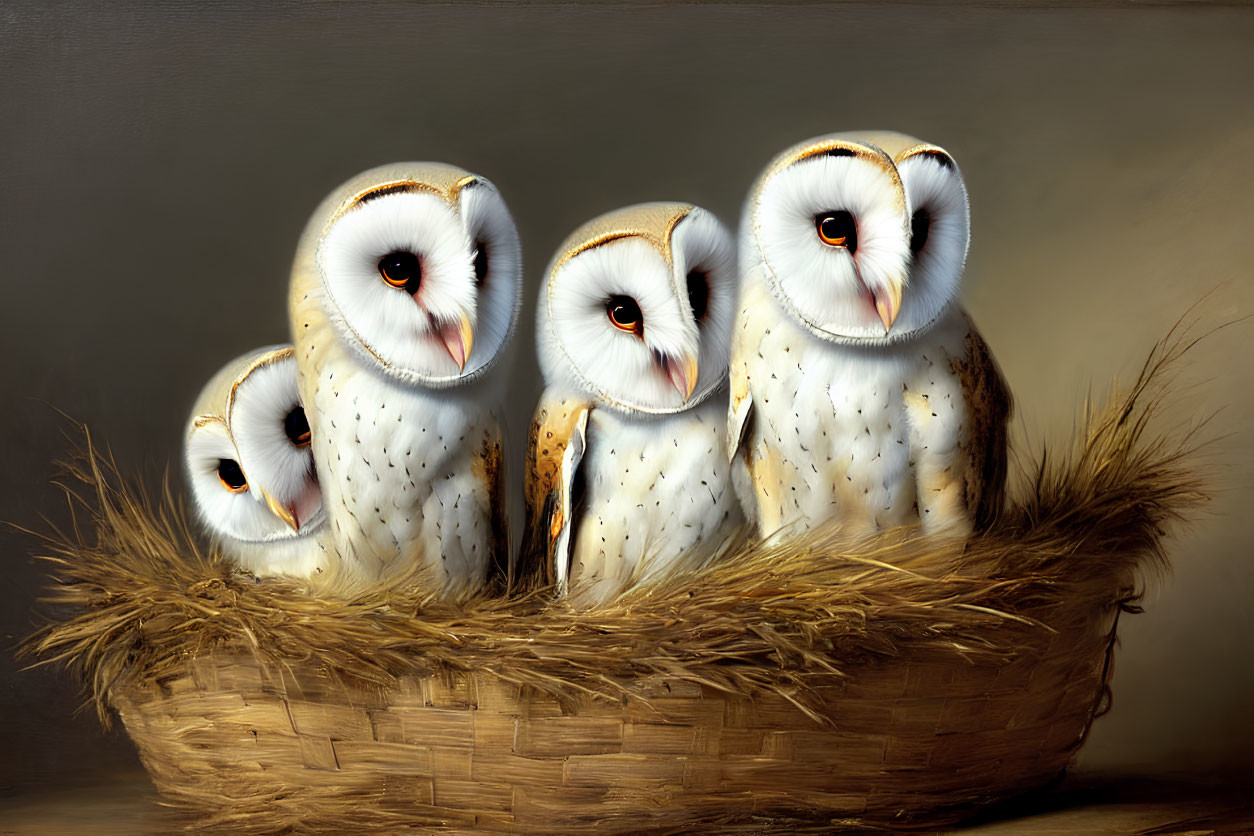 Four Barn Owls Perched Closely in Wicker Nest