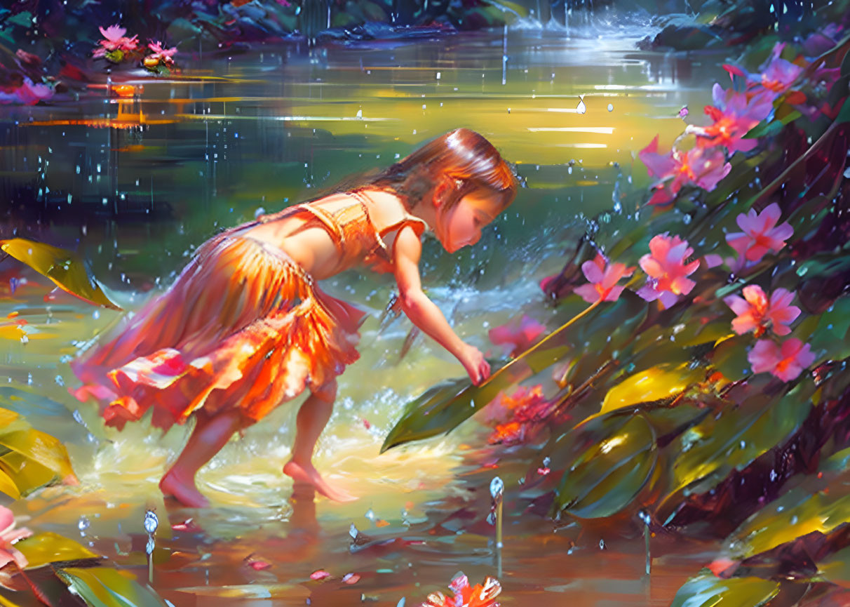 Young girl in orange dress plays by flower-lined stream in sunlight.