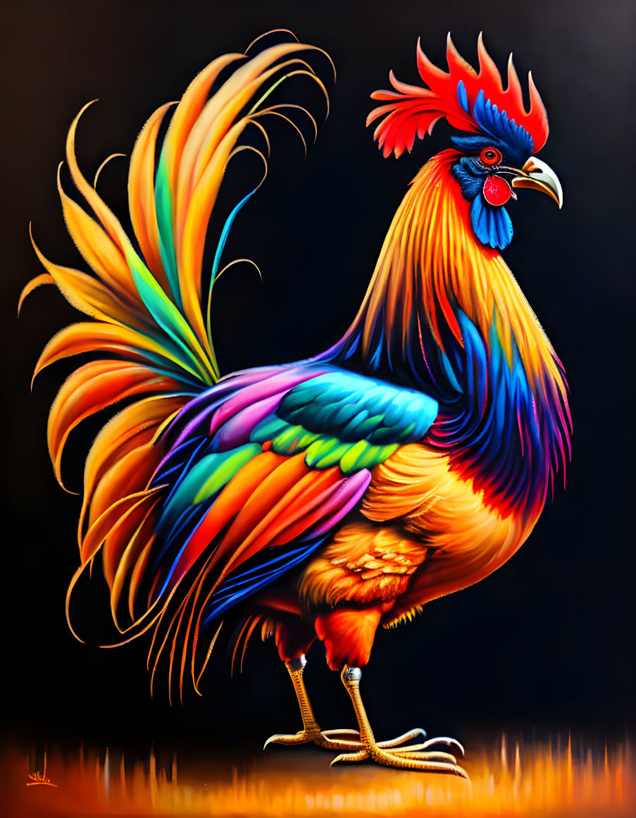 Colorful Rooster Illustration with Rainbow Feathers on Dark Background