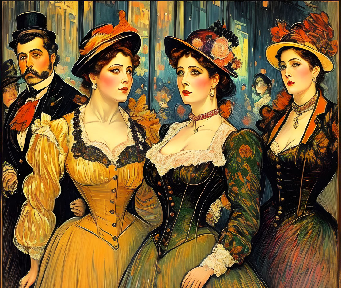 Victorian-era women and man in ornate attire with hats in vibrant illustration