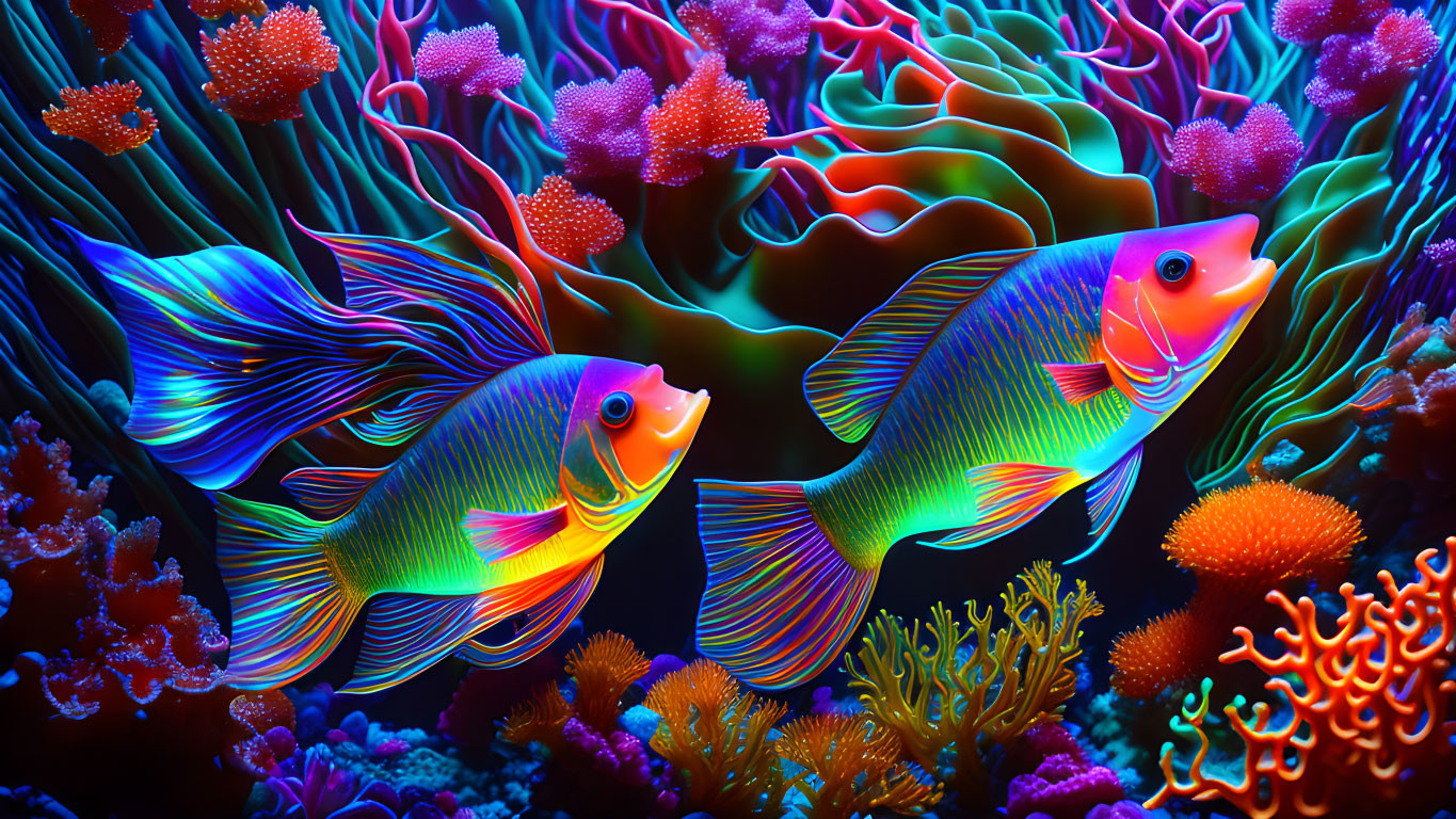 Neon-colored fish and coral reefs in vibrant digital artwork