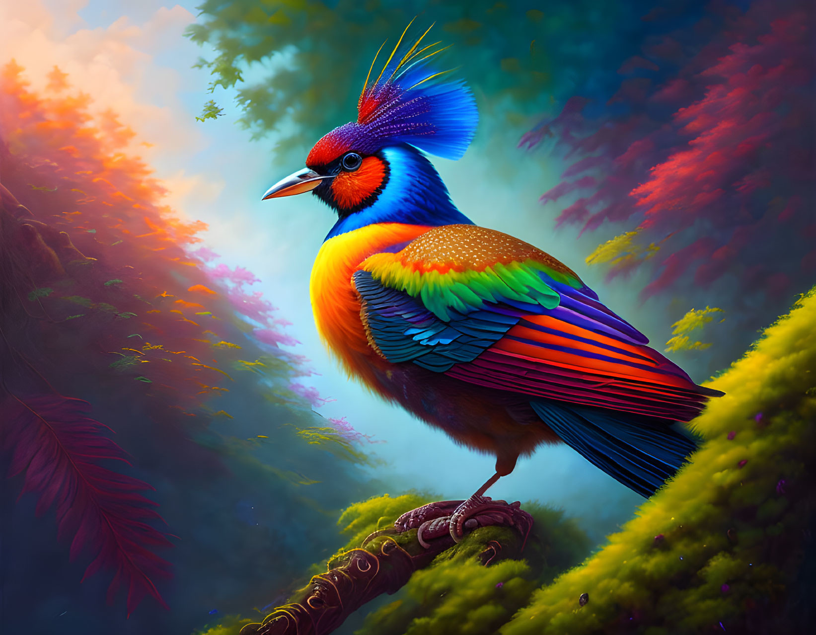 Colorful bird with blue crest in mystical forest scene