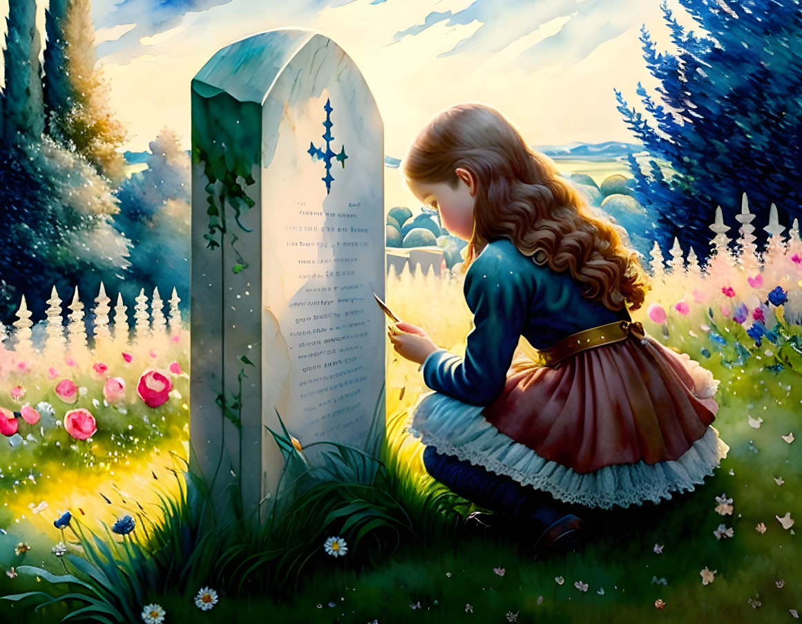 Young girl in brown dress reading tombstone in meadow scenery