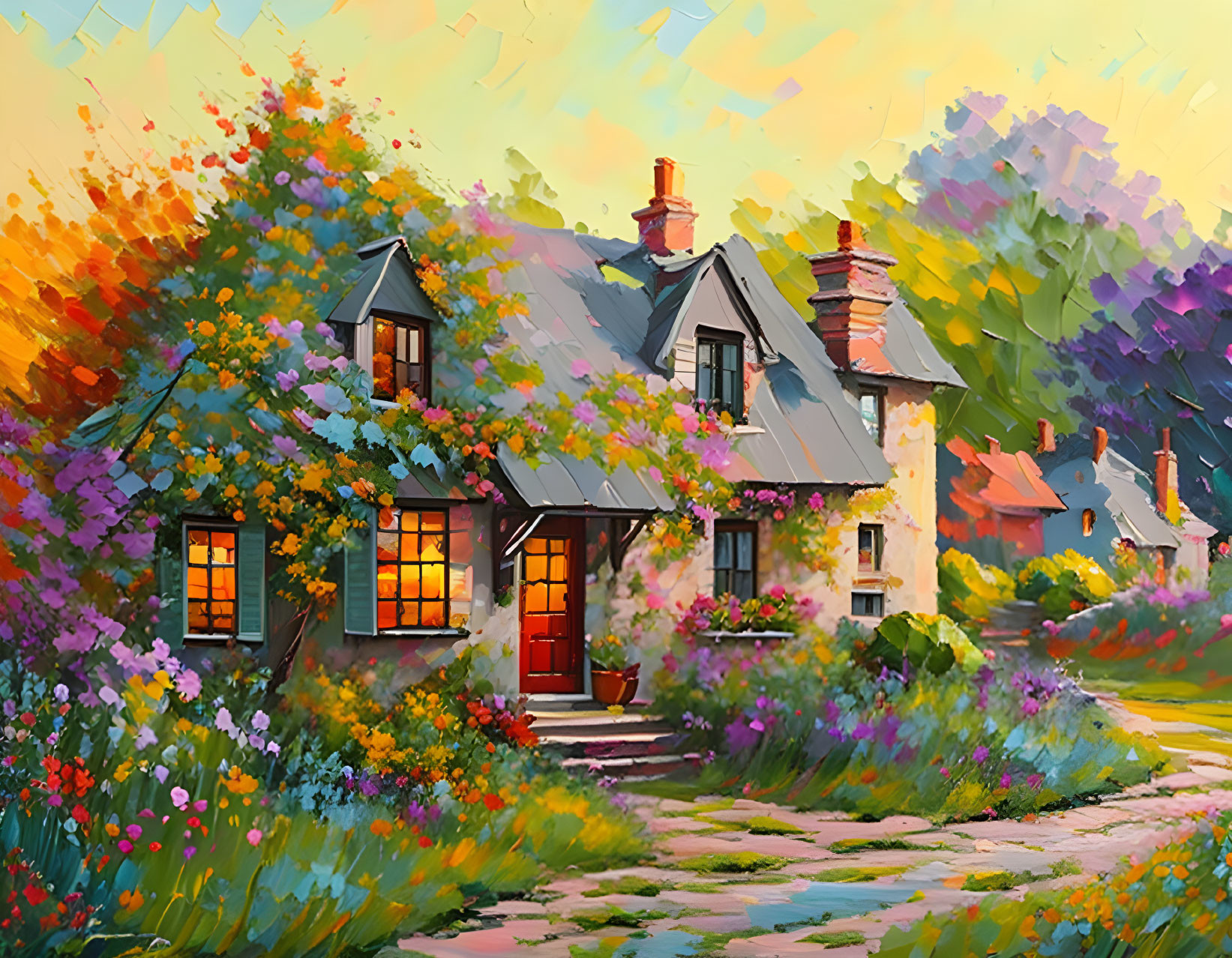 Colorful cottage painting with garden and warm glow lights under pastel sky