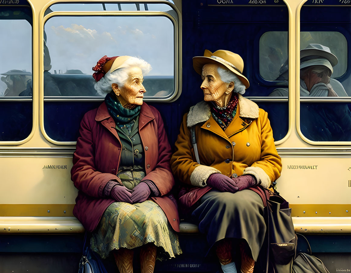 Elderly women chatting on bus with colorful coats and hats