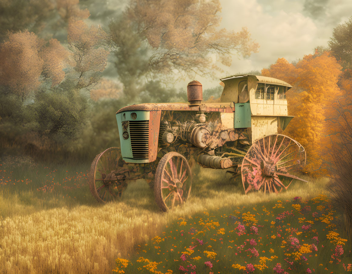 Abandoned old tractor in field with metal wheels and autumn trees