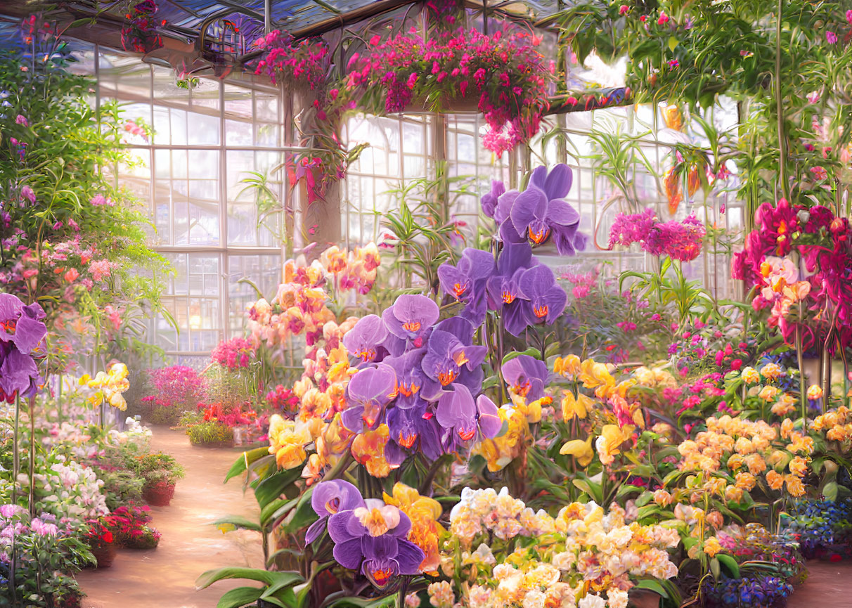 Colorful Flowers in Vibrant Greenhouse with Purple Orchids