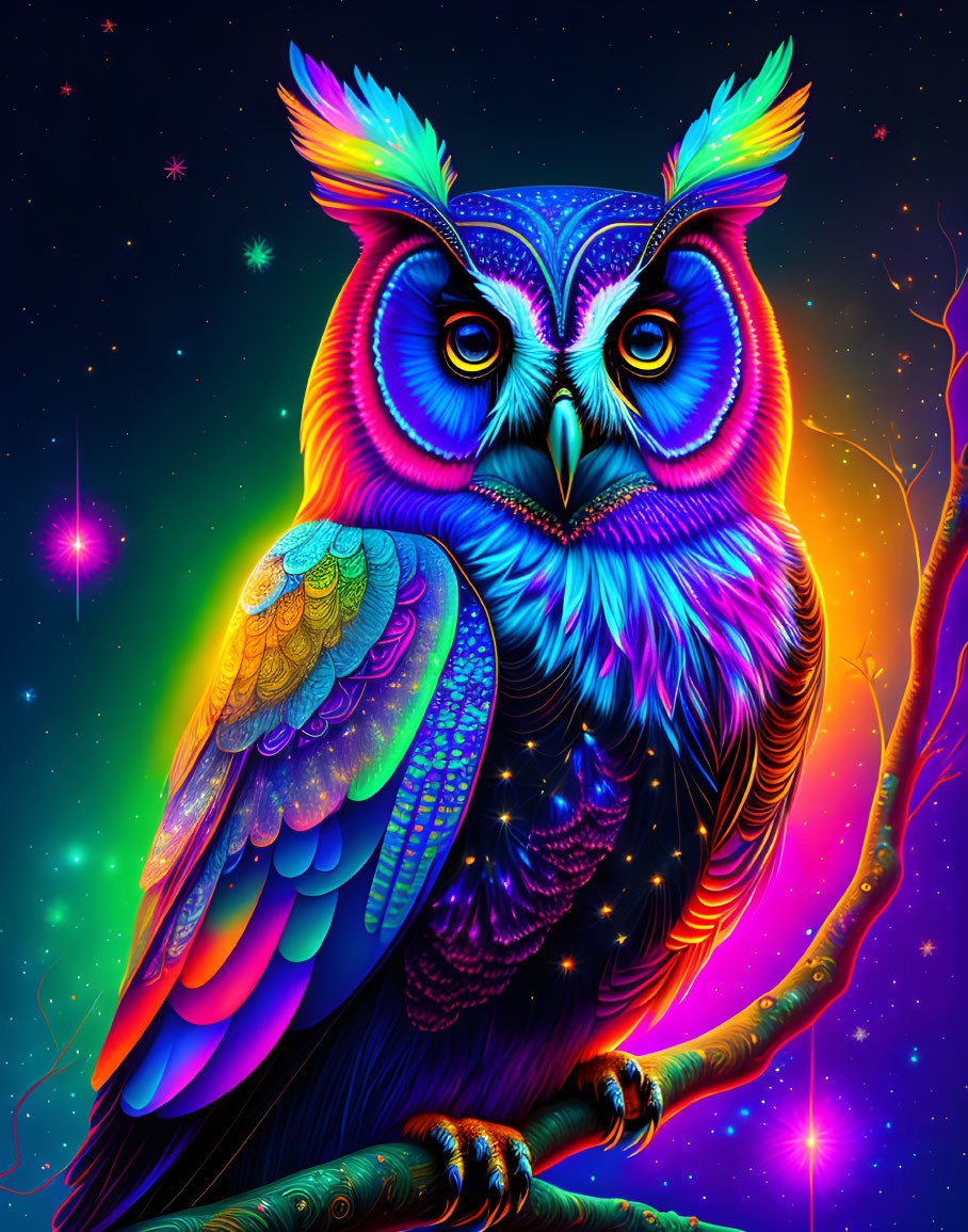 Colorful Psychedelic Owl Illustration with Neon Patterns on Cosmic Background