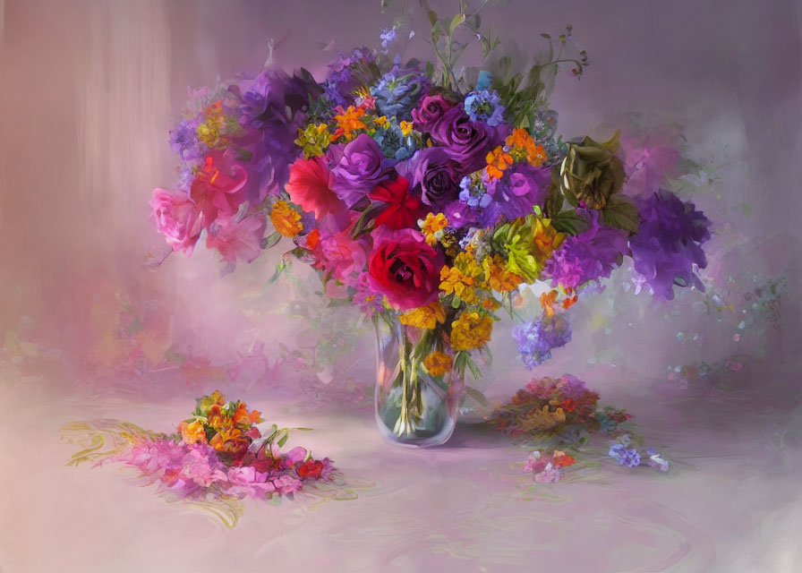 Multicolored Flower Bouquet in Glass Vase on Pastel Background