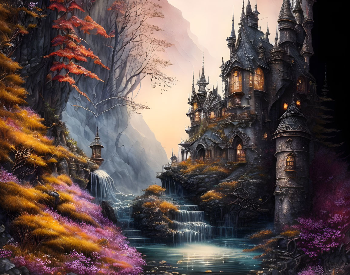 Mystical castle with spires near waterfall, autumn trees, rocky mountain, dusky sky