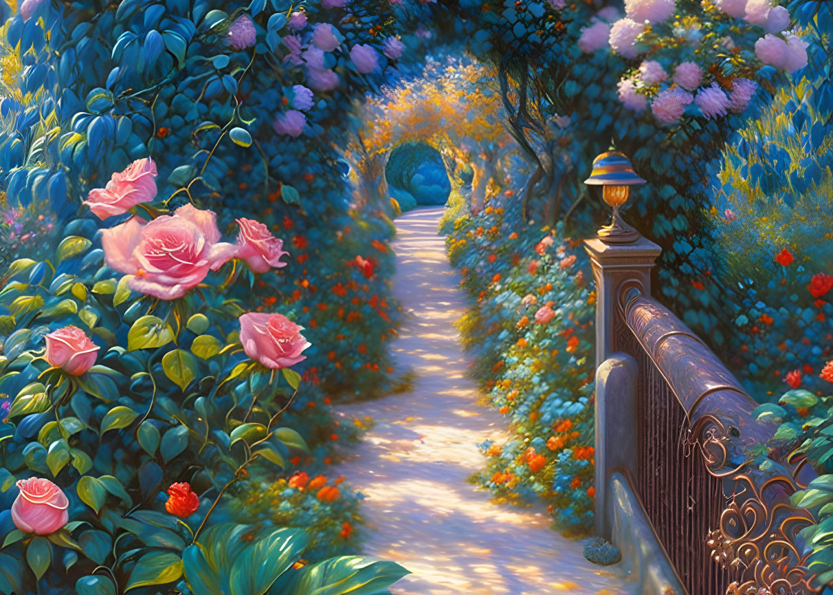 Tranquil garden path with lush bushes and vibrant flowers under twilight sky