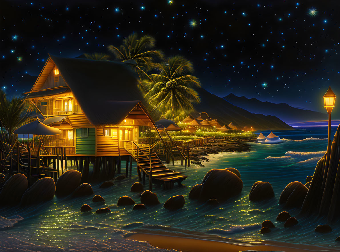 Night Coastal Scene: Wooden House on Stilts, Palm Trees, Starry Sky, Boats