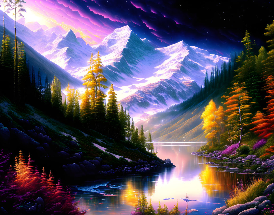 Snow-capped mountains, autumn trees, and starry night reflected in serene river