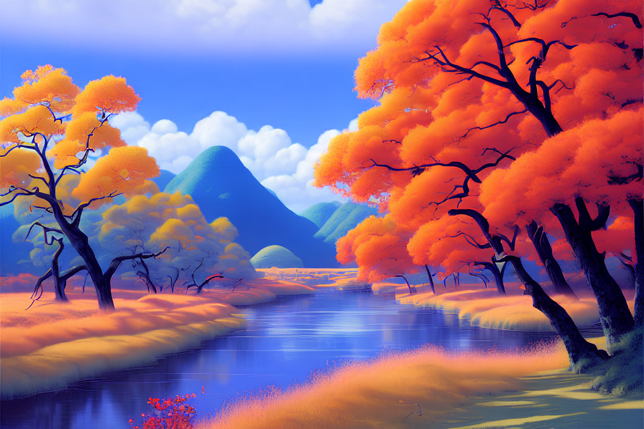 Digital Art: Vibrant River Scene with Orange Trees