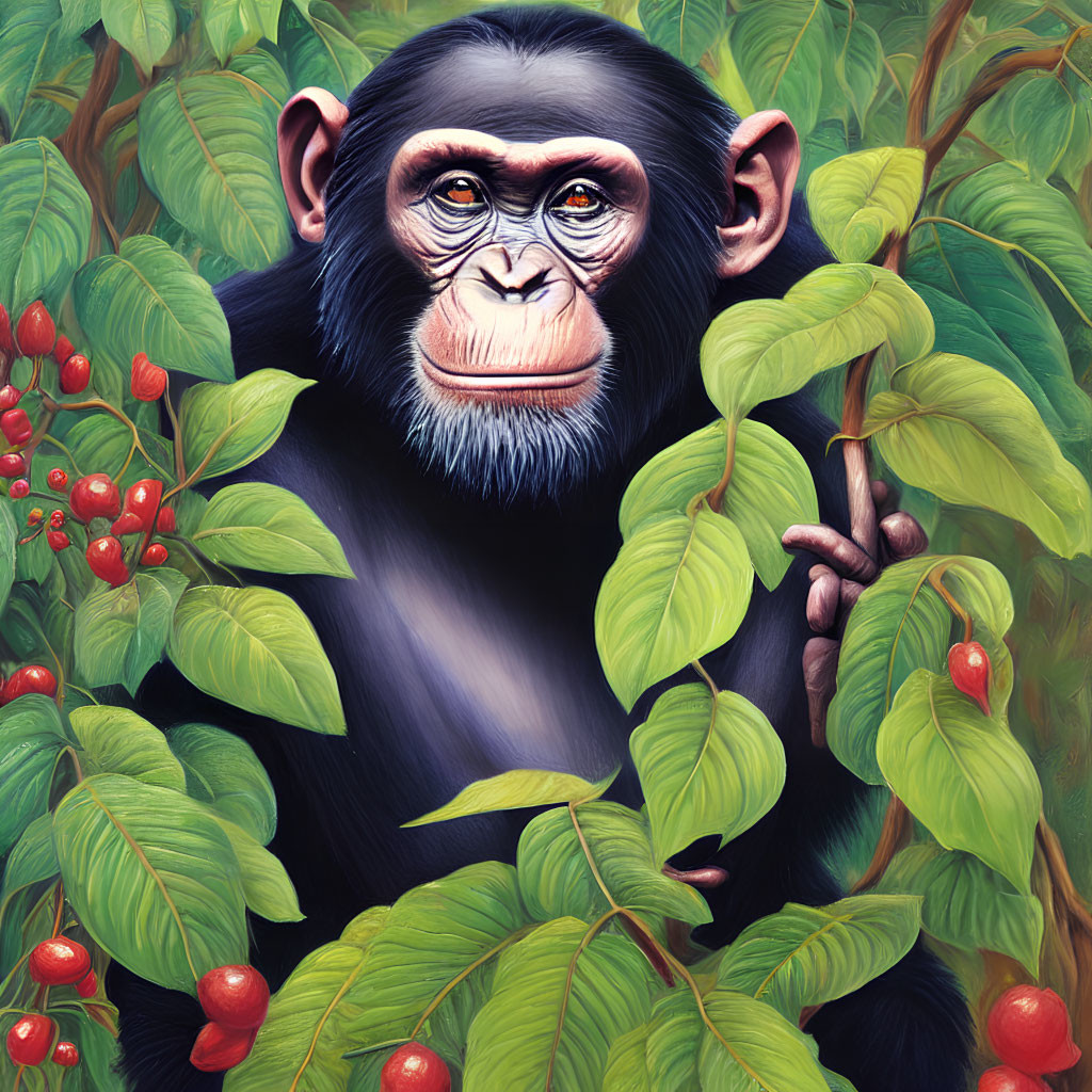 Chimpanzee observing red berries in lush green foliage