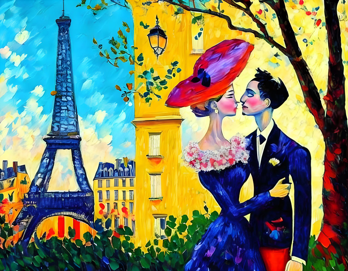 Colorful painting of couple kissing by Eiffel Tower with yellow building and red tree.