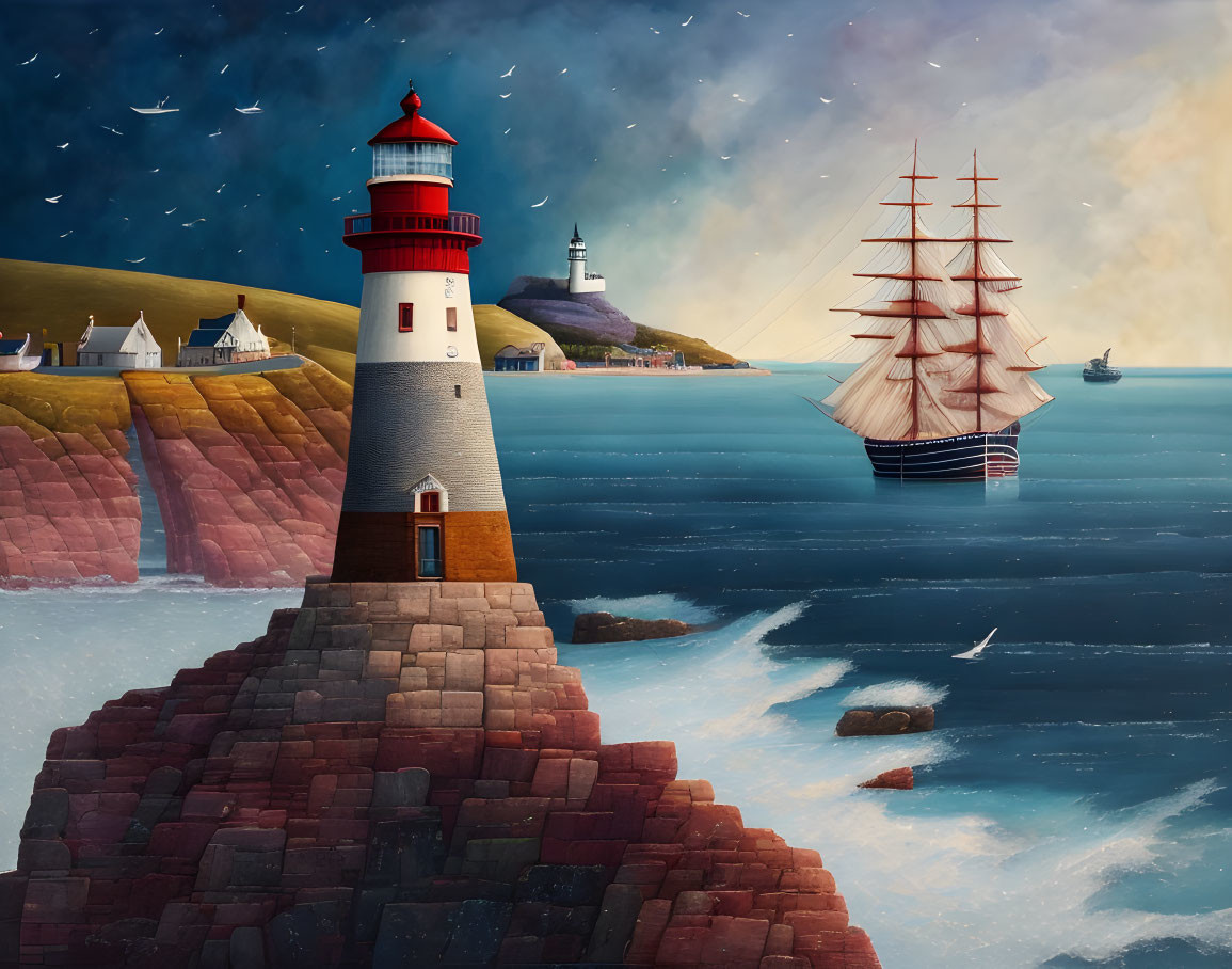 Towering lighthouse on rocky cliff with ship and seagulls at twilight