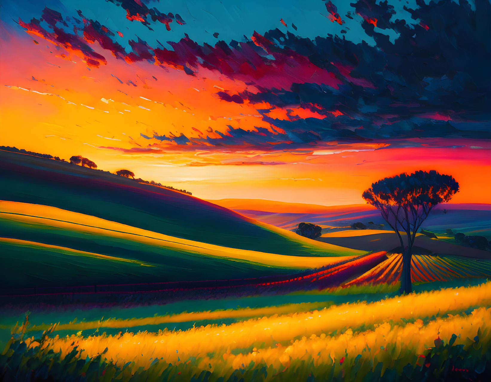 Colorful sunset landscape painting with vivid orange and blue skies and silhouetted tree