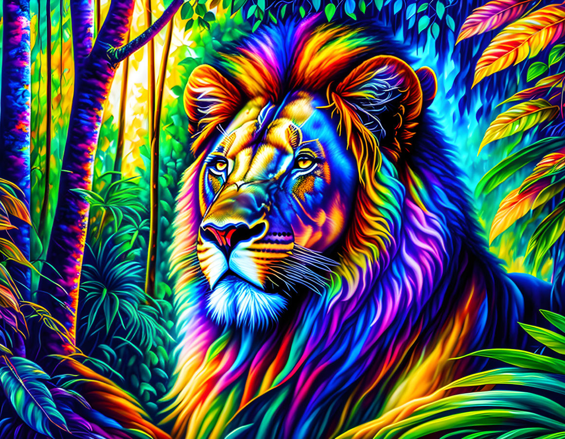 Colorful Lion's Head in Psychedelic Jungle Scene