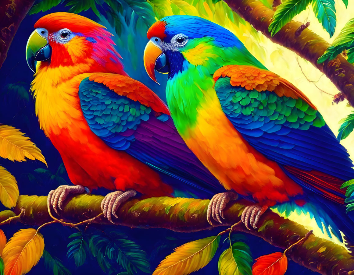 Colorful Parrots Perched on Branch with Green Foliage