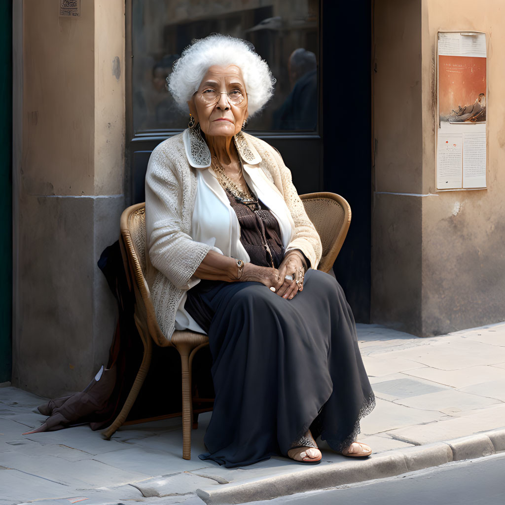 White-Haired Elderly Woman Sitting in Wicker Chair on Sidewalk