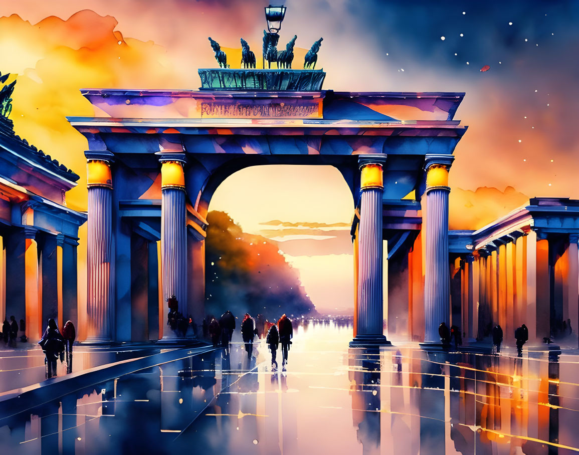 Brandenburg Gate Illustration: People Silhouettes, Vibrant Sunset Sky, Reflective Ground