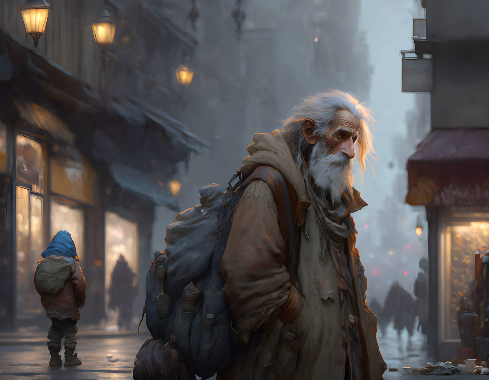 Elderly man with white beard walking in foggy, lamp-lit street