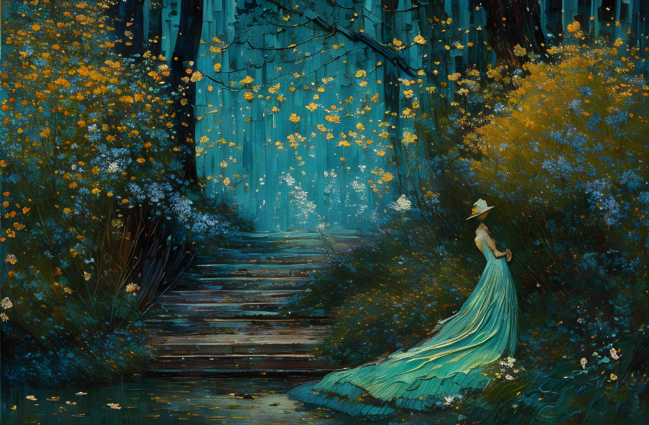 Woman in teal dress in enchanting forest with wooden bridge