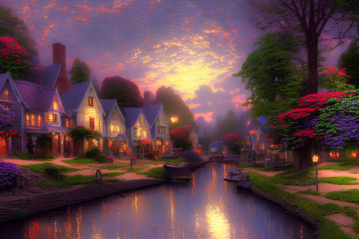 Tranquil digital artwork of village houses by canal at sunset