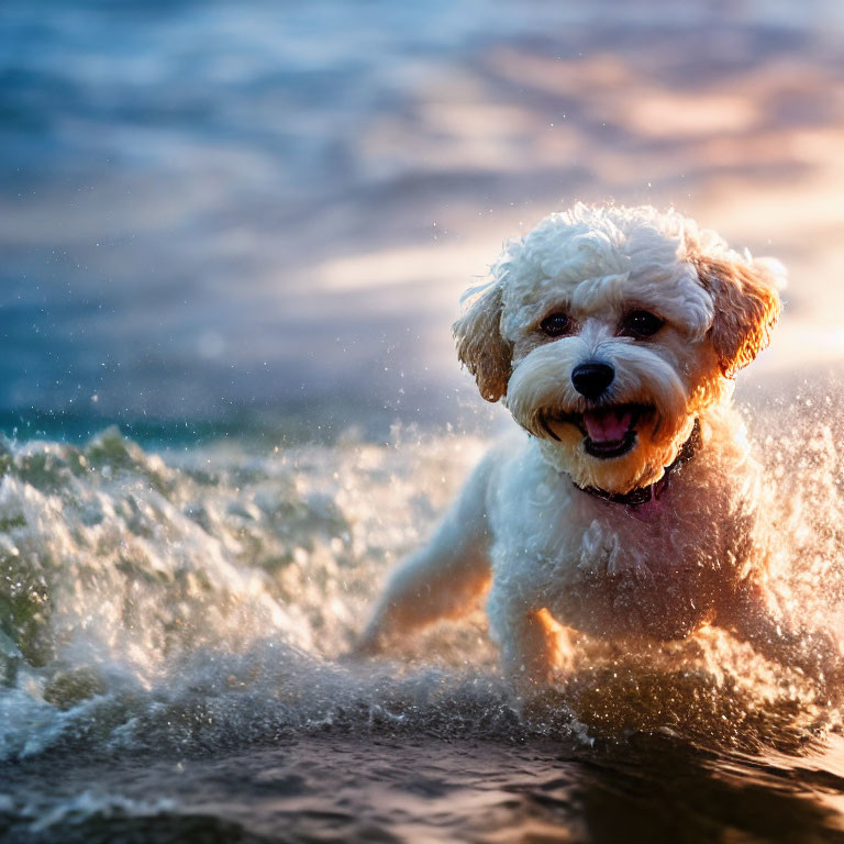 Curly white dog splashes in water under sunlight