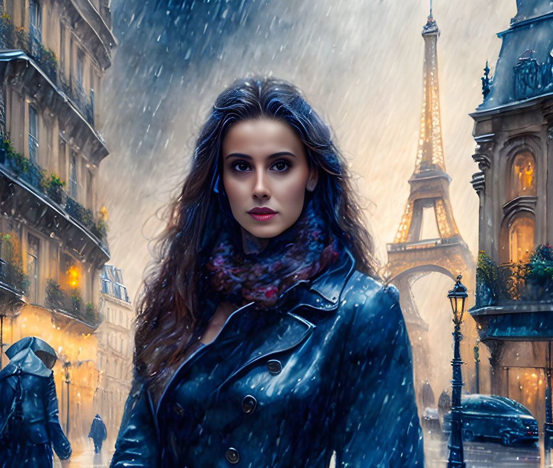 Long-haired woman in scarf on snowy Paris street with Eiffel Tower.