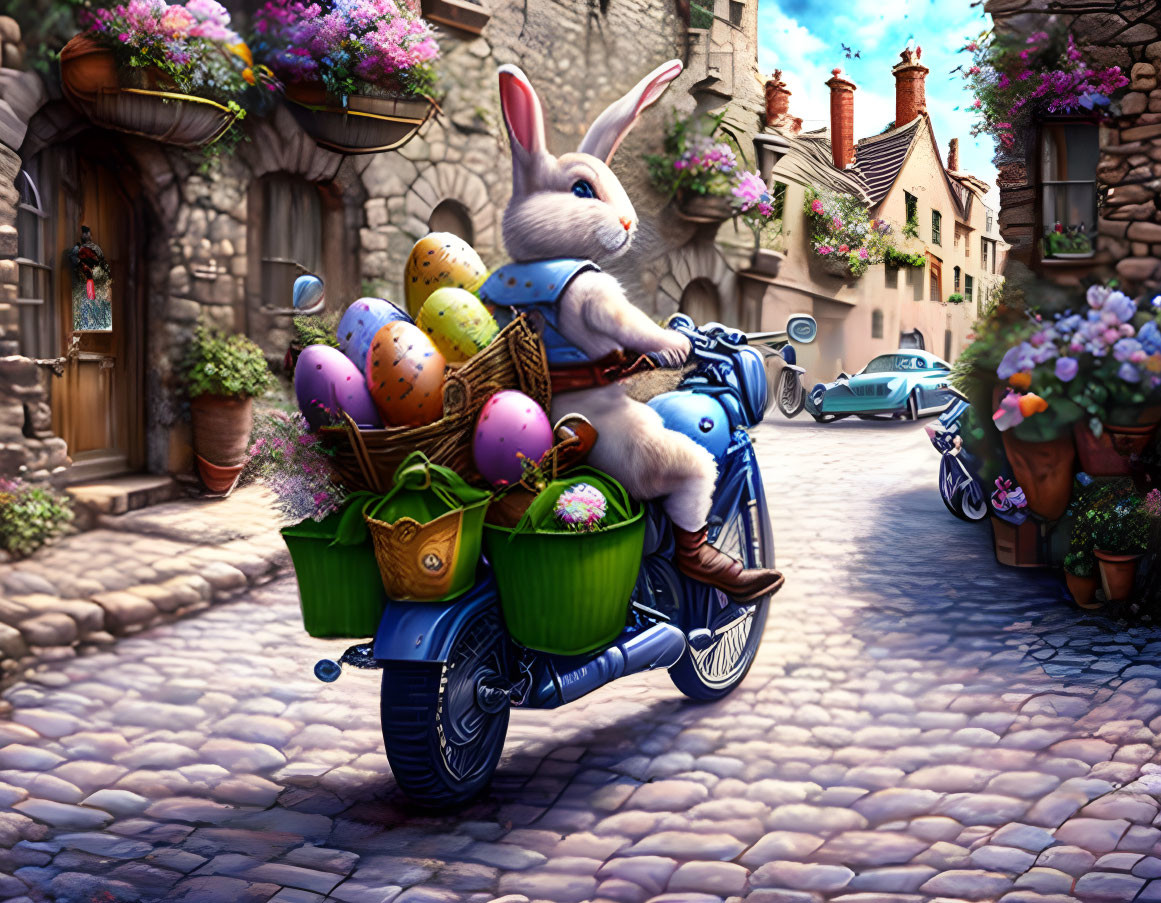 Giant Rabbit on Motorcycle with Easter Eggs in European Street