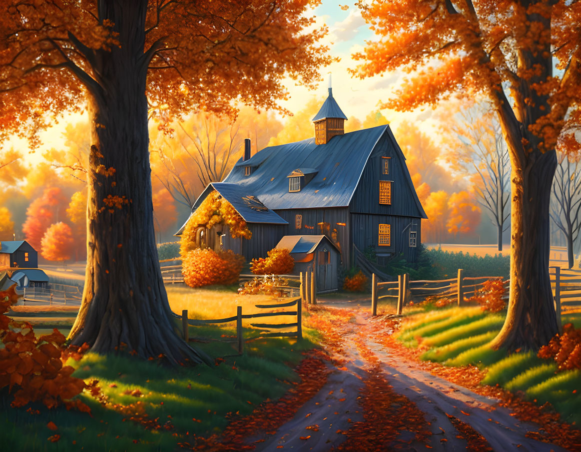 Idyllic countryside scene with blue barn and autumnal trees at sunset