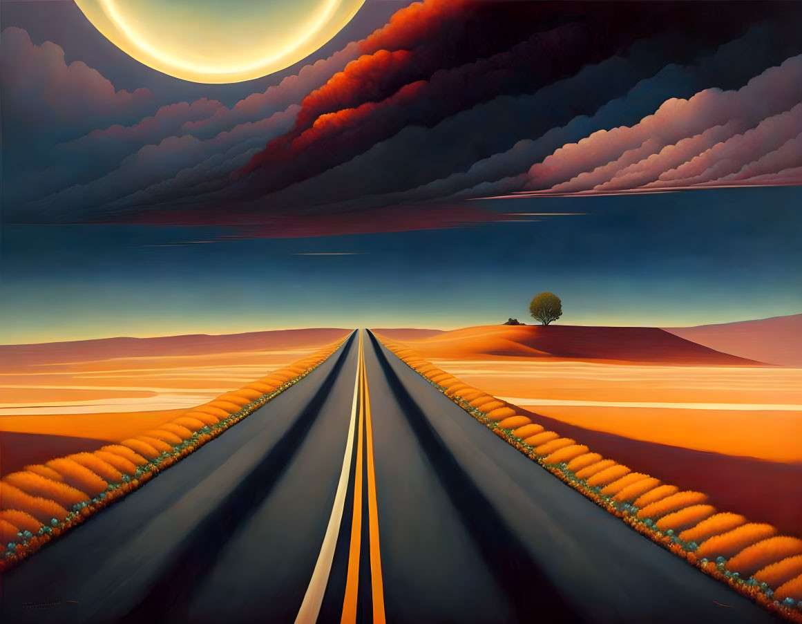 Surreal painting of long road, orange landscapes, and large sun