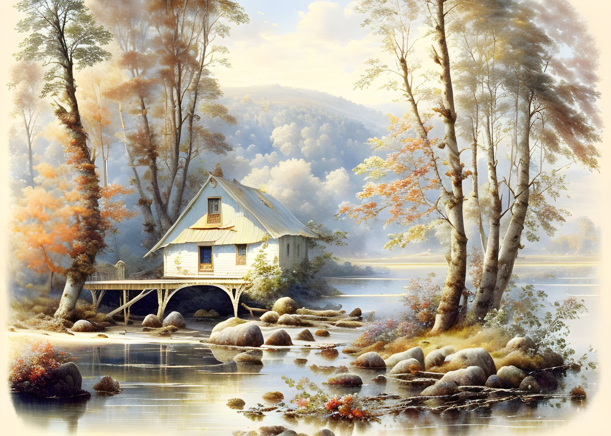 Autumnal cottage with stream, bridge, and mountain view