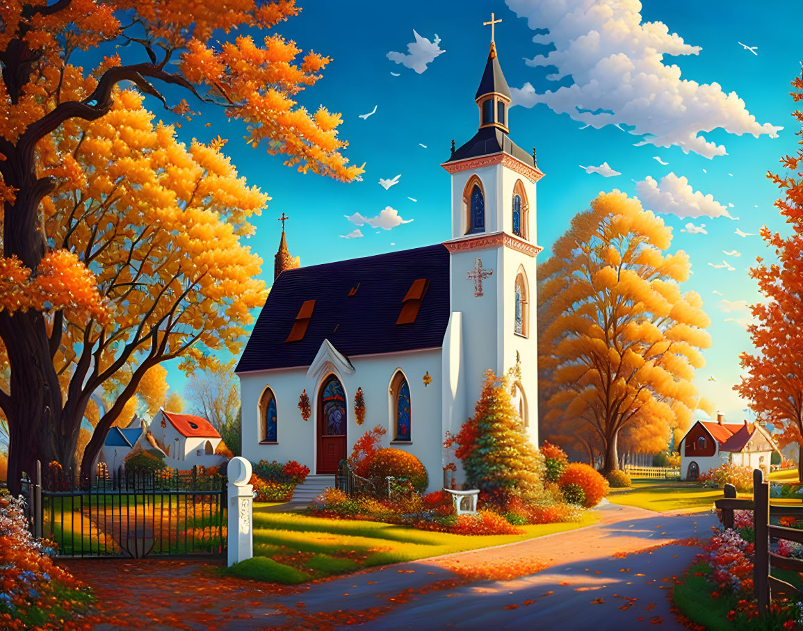 White Spire Church Surrounded by Autumn Foliage and Blue Sky