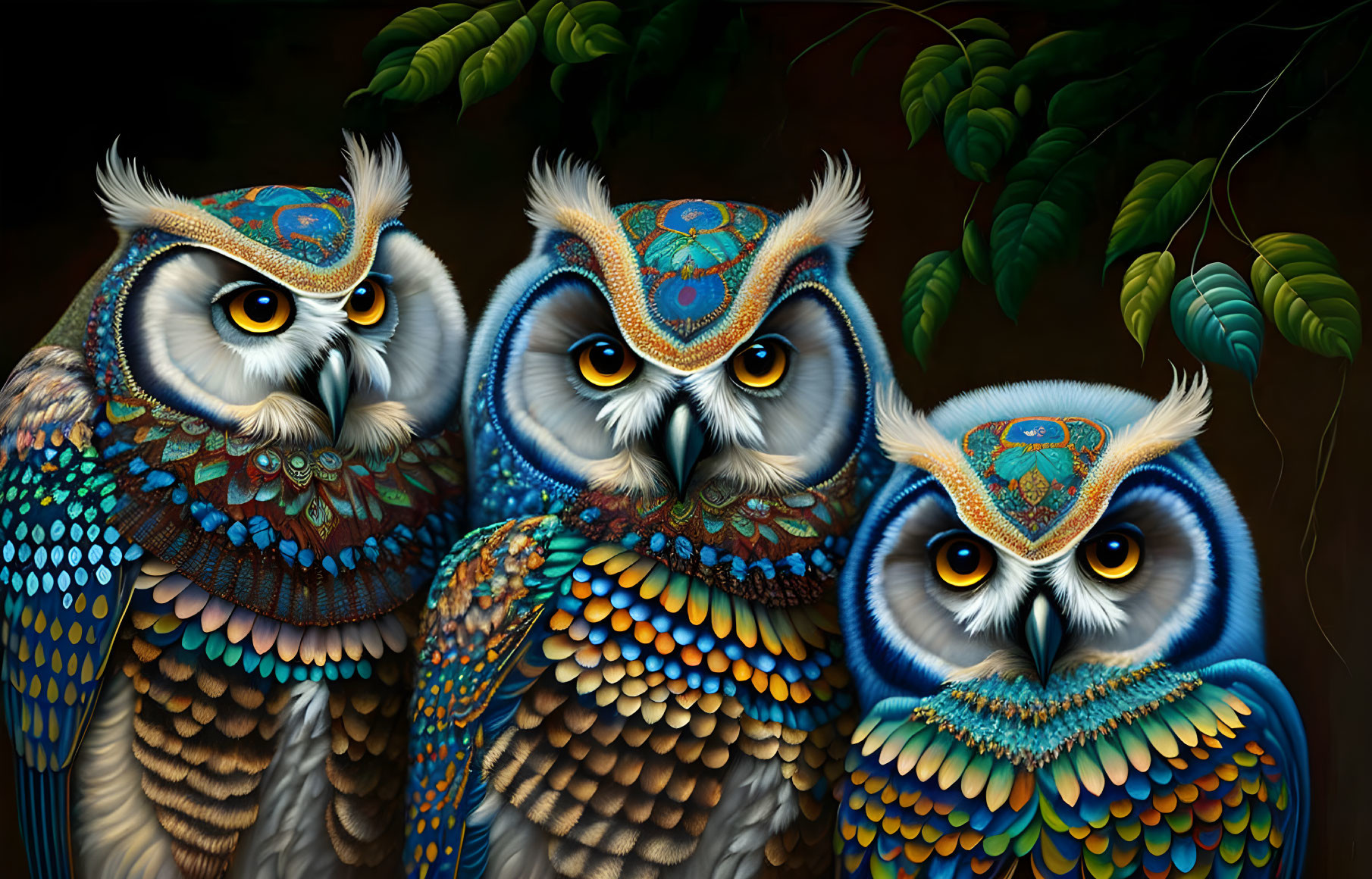 Colorful Owl Trio Perched in Dark Setting