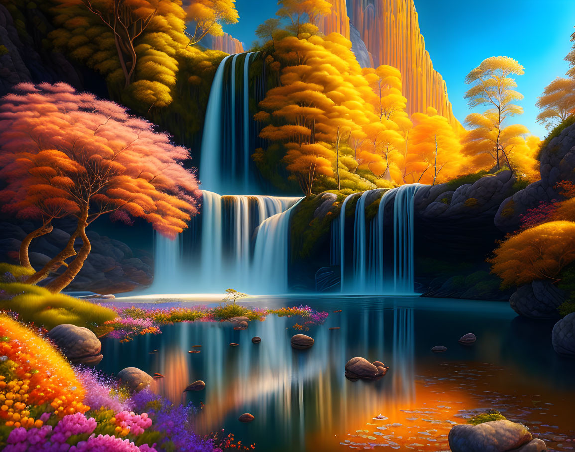 Colorful Landscape: Waterfall, Pond, Autumn Trees & Flowers