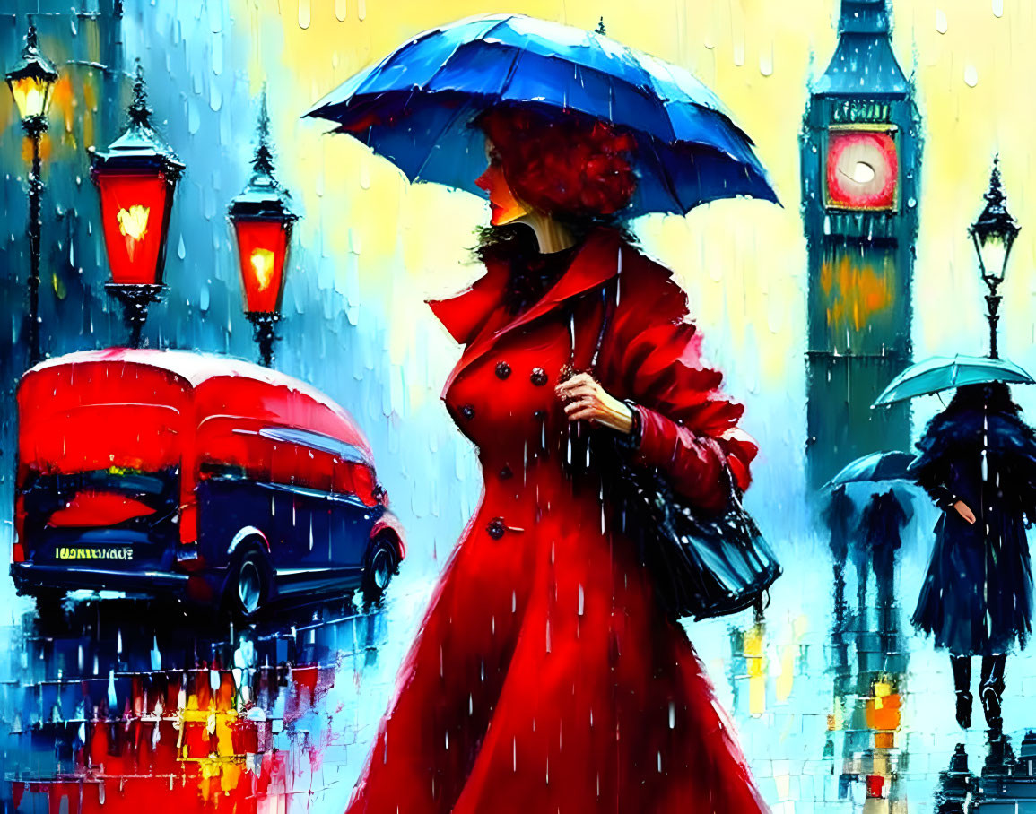 Woman in red coat with blue umbrella walking in city rain scene