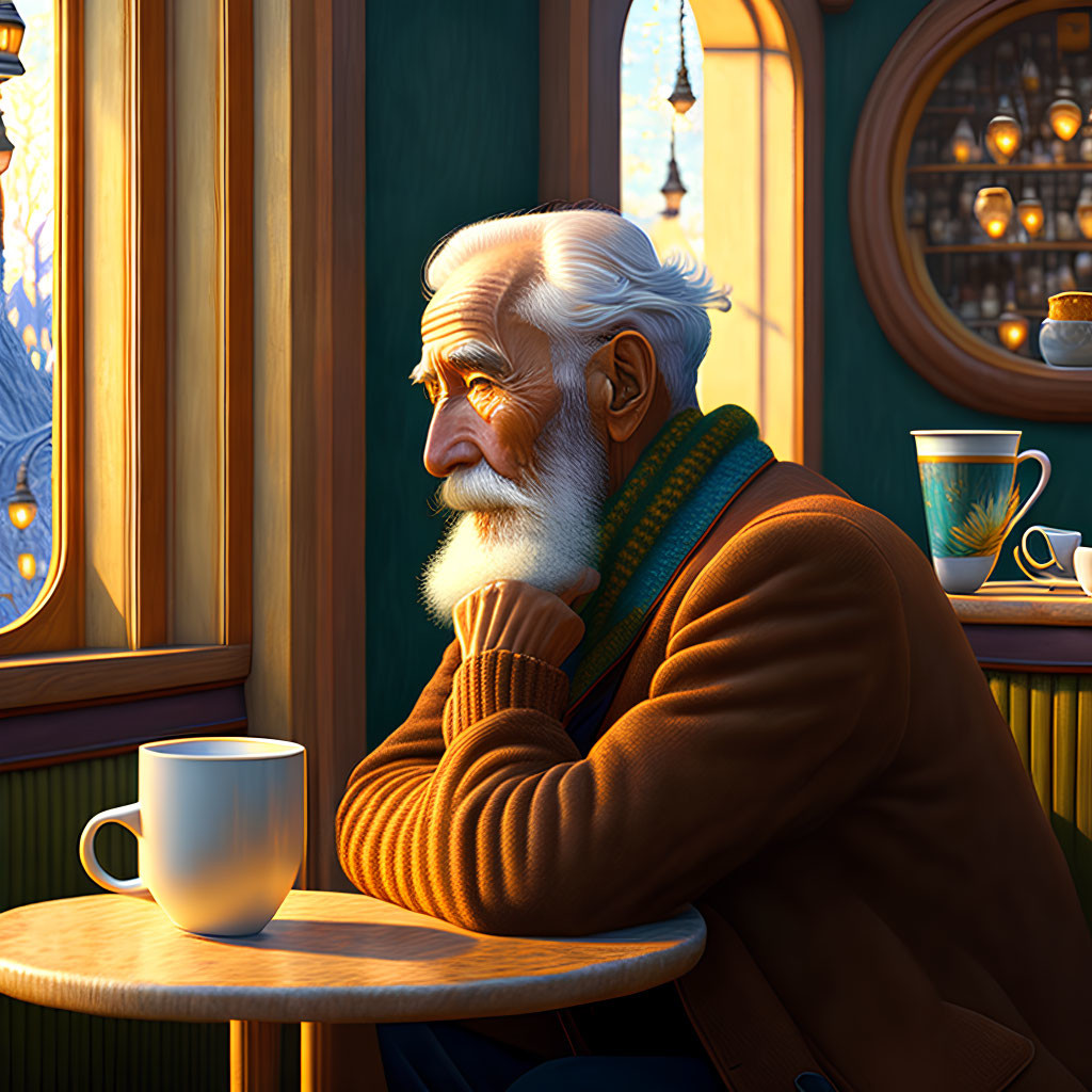 Elderly man with white beard in warmly lit cafe, gazing out window with coffee cup