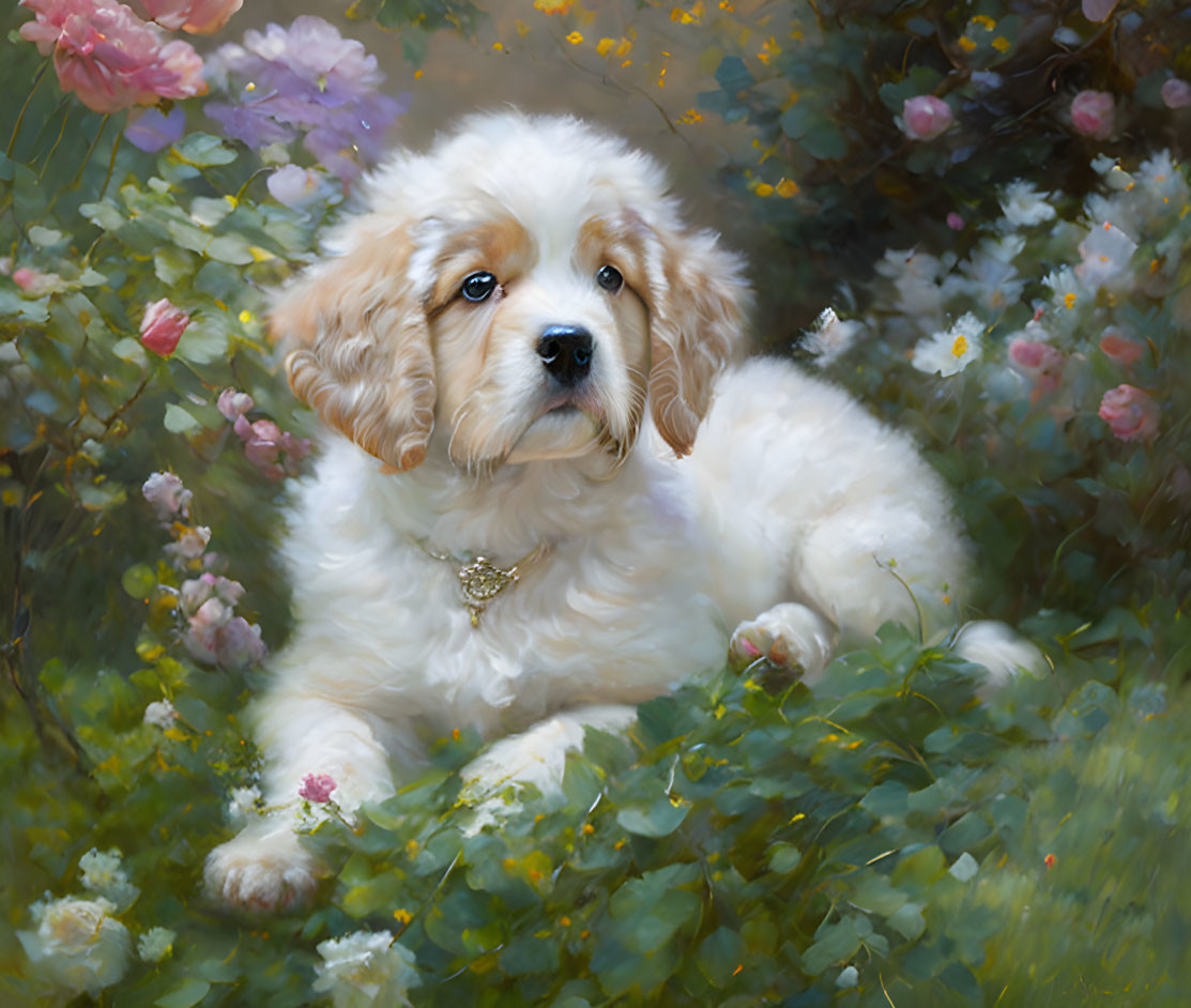 White and Tan Puppy with Golden Collar in Pastel Flower Garden