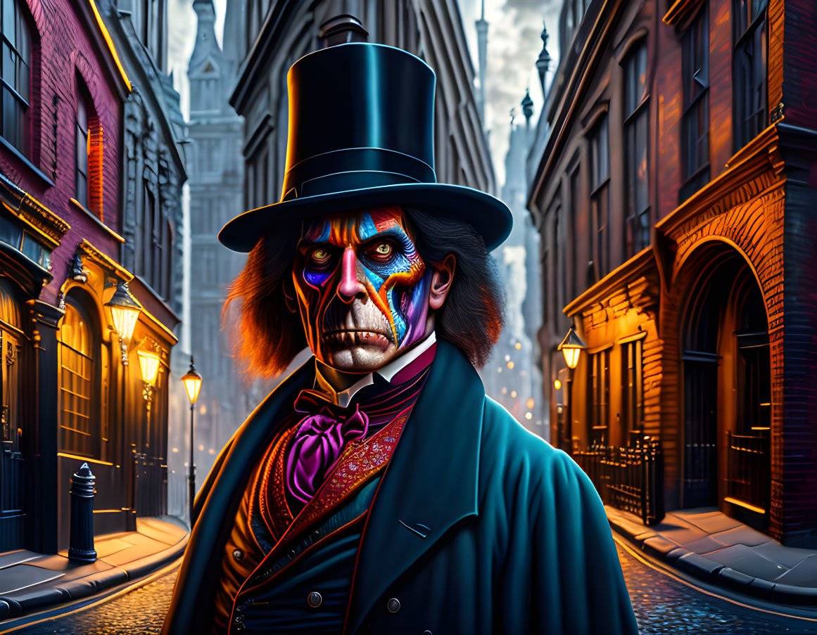 Sinister clown with top hat in Victorian street at dusk