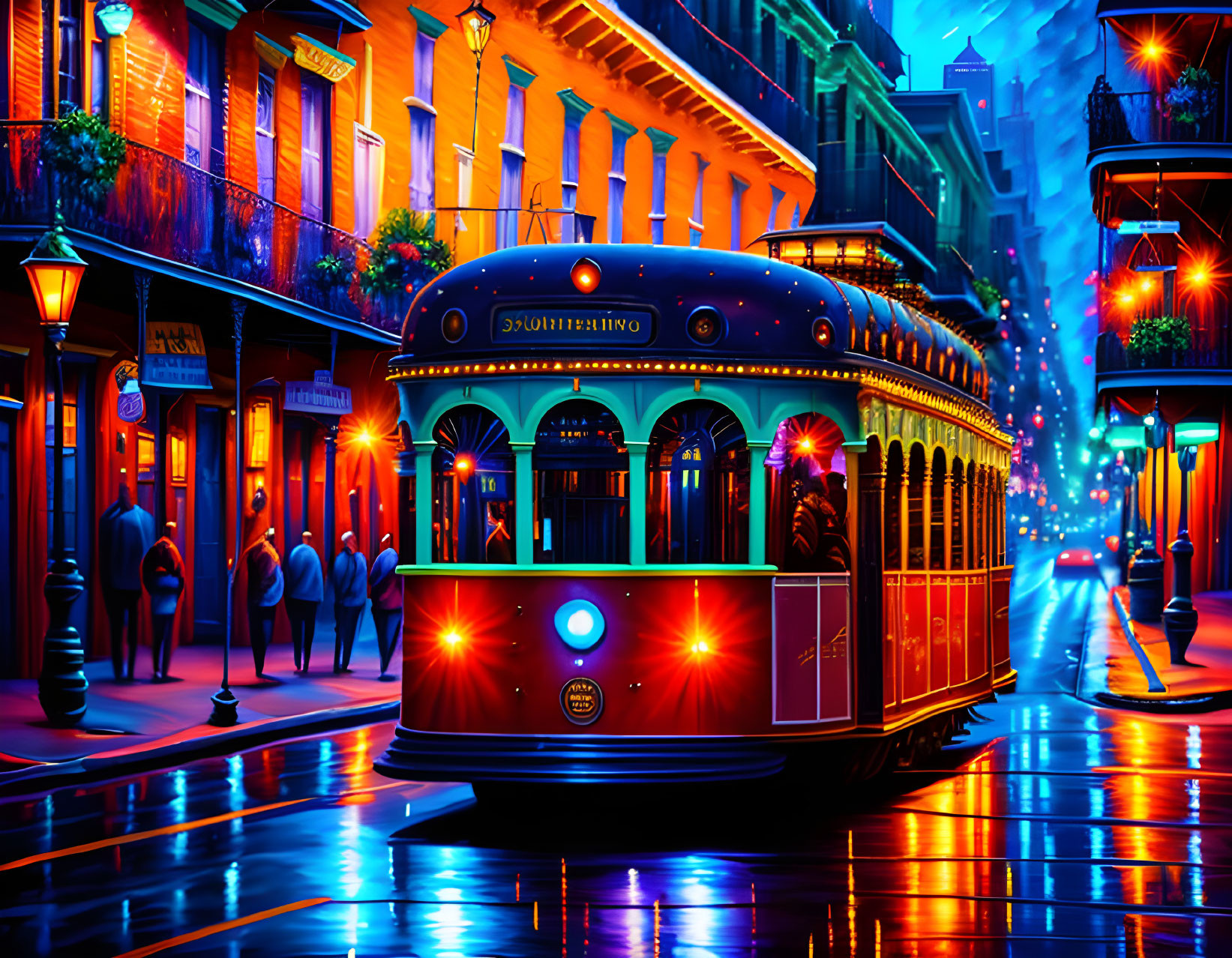 Night street scene with red streetcar, illuminated buildings, and glowing street lamps.