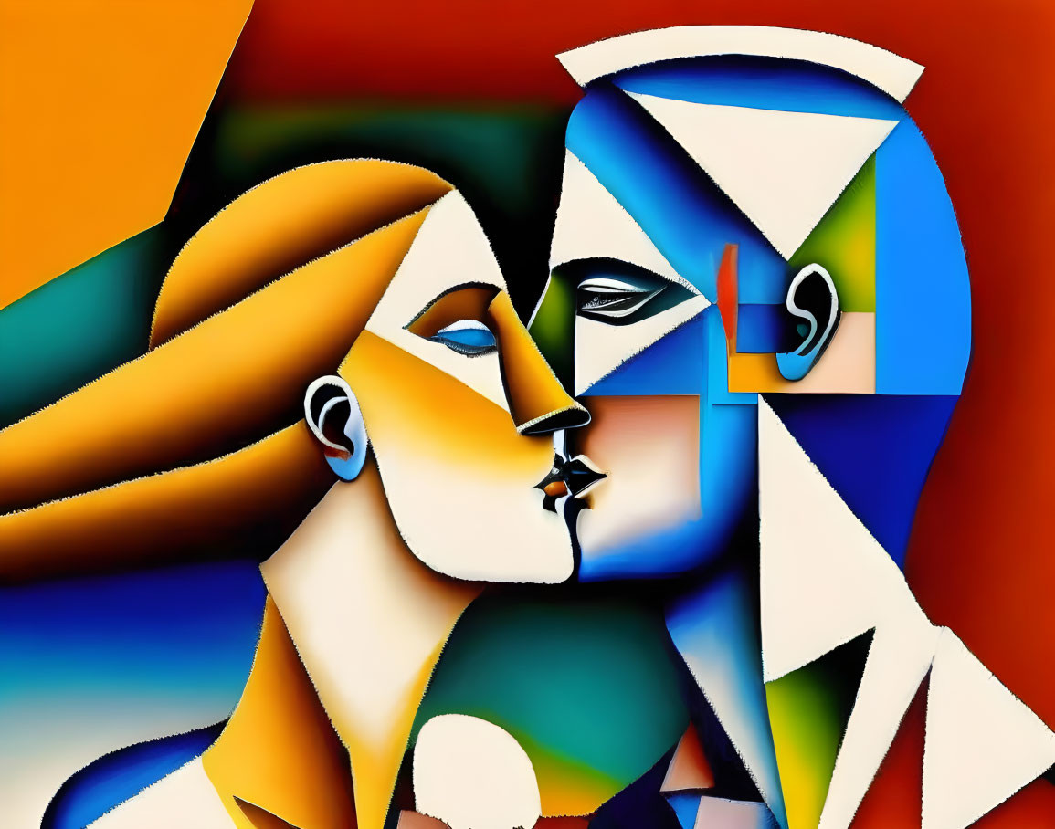 Vibrant Cubist painting: Two profiles in a kiss with geometric shapes