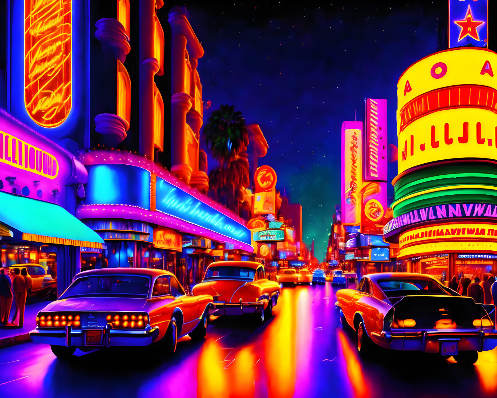 Neon-lit street with vintage cars and retro signage