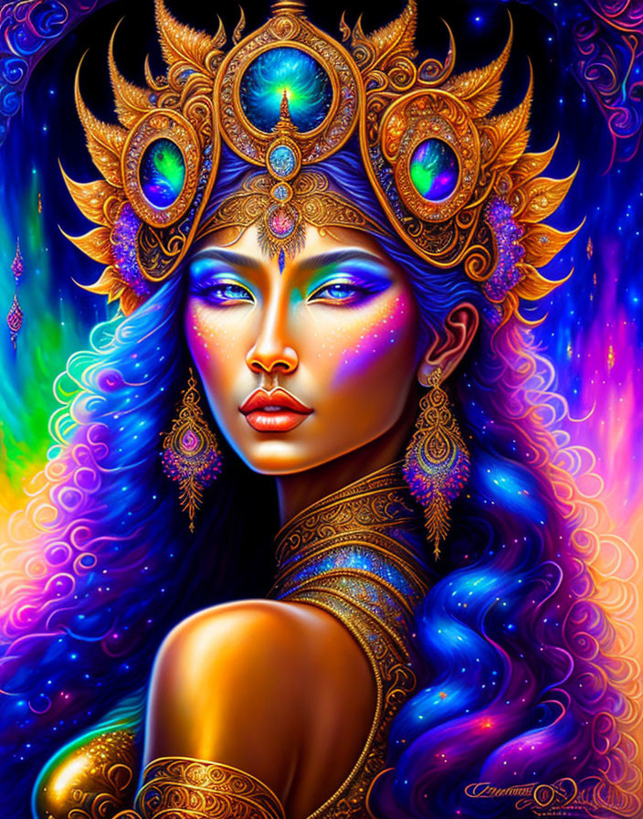 Colorful Illustration: Woman with Blue Skin and Golden Headdress