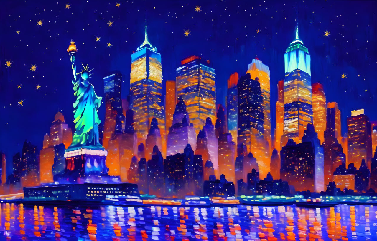 Colorful New York City skyline at night with Statue of Liberty and illuminated skyscrapers under starry