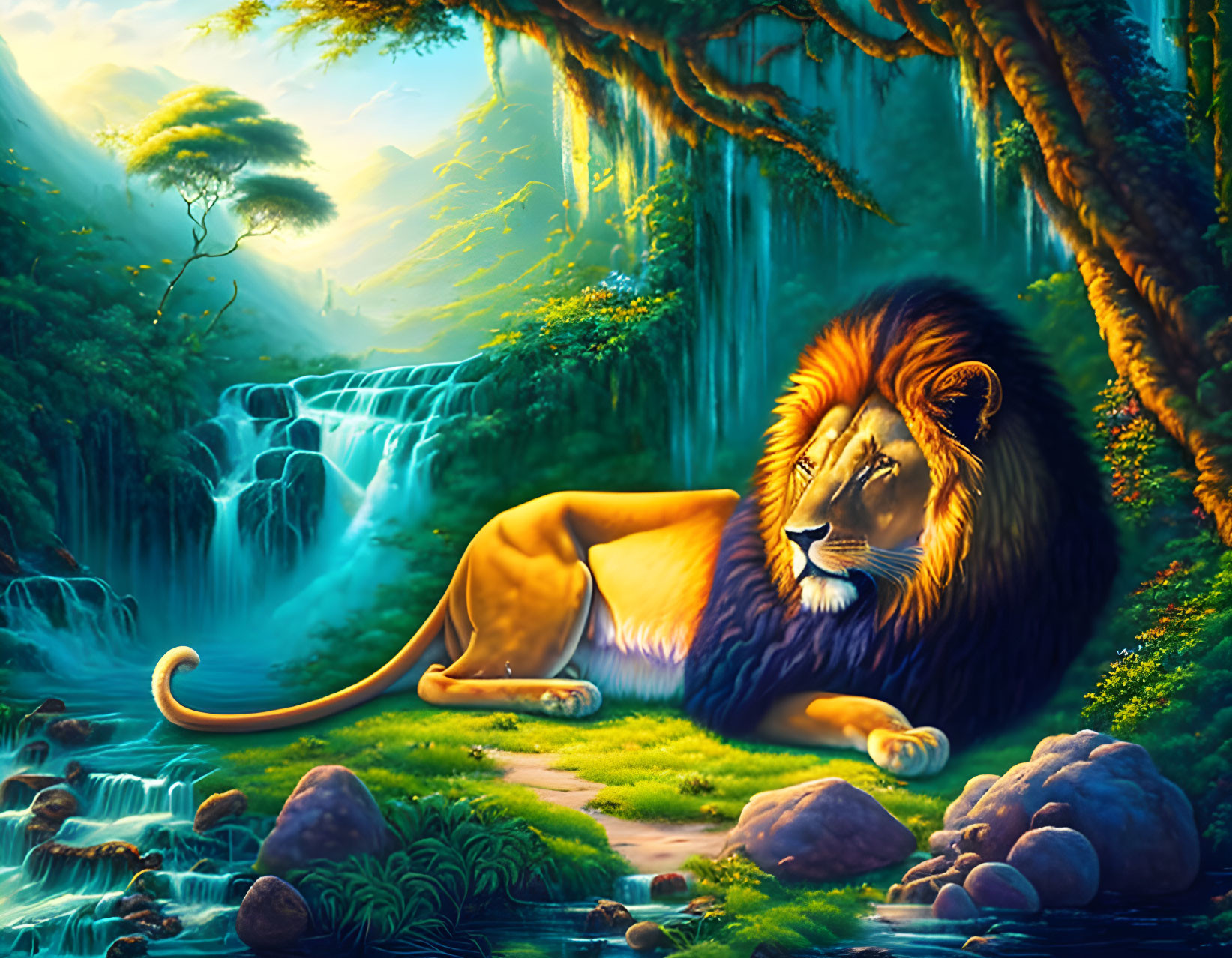 Majestic lion by serene waterfall in lush jungle with sun rays