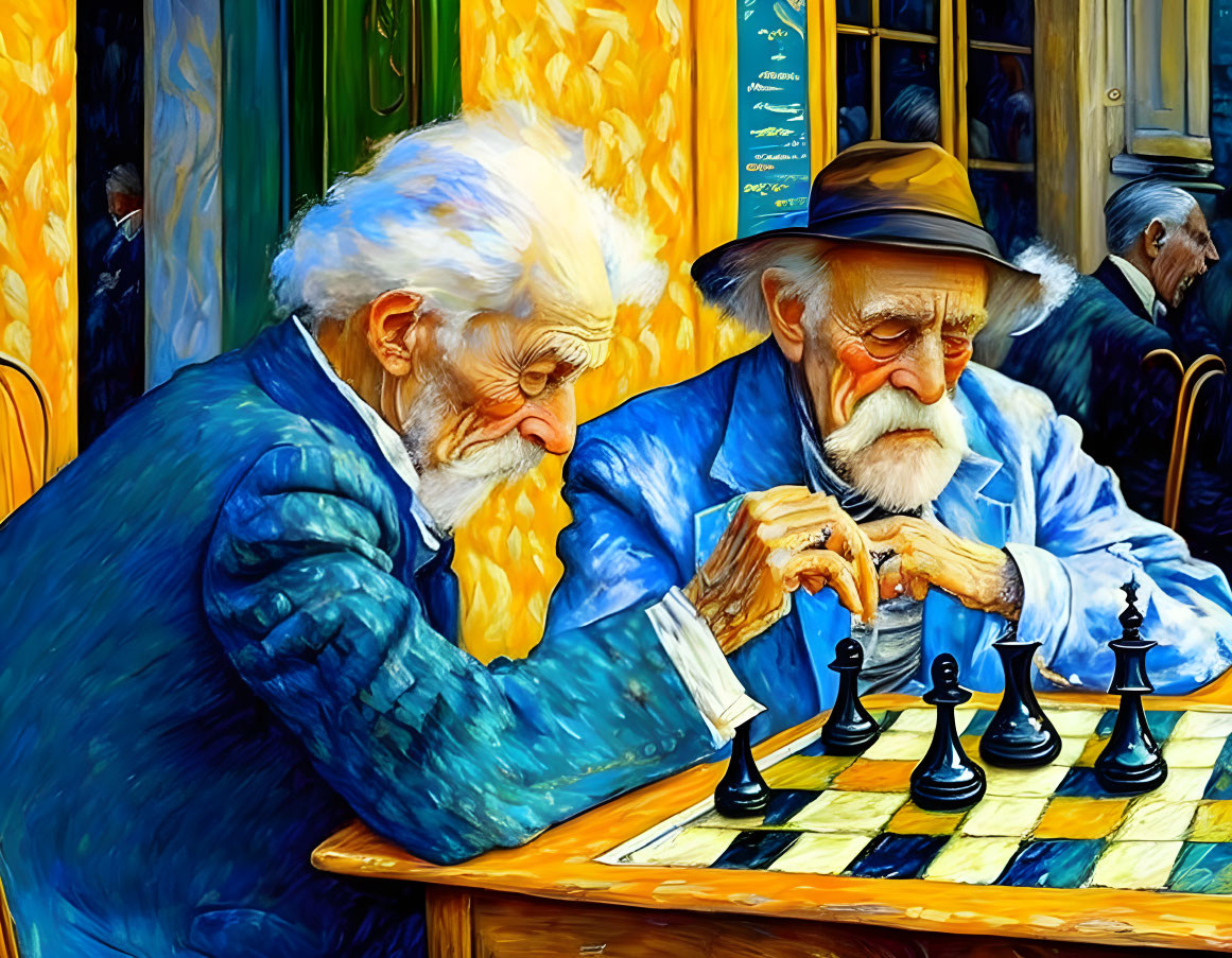 Elderly Men Playing Chess in Colorful Café Scene